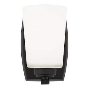 Franport 5 in. 1-Light Matte Black Traditional Chic Wall Sconce Bathroom Vanity Light with Etched White Glass Shade