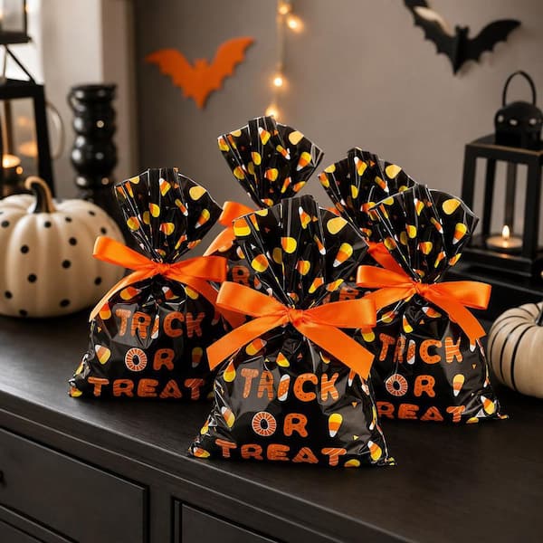 Halloween Printed, 100-Piece, Cellophane, Plastic, Treat Bags Set with 22 yds. Decor Ribbon for Party and Holiday Favors