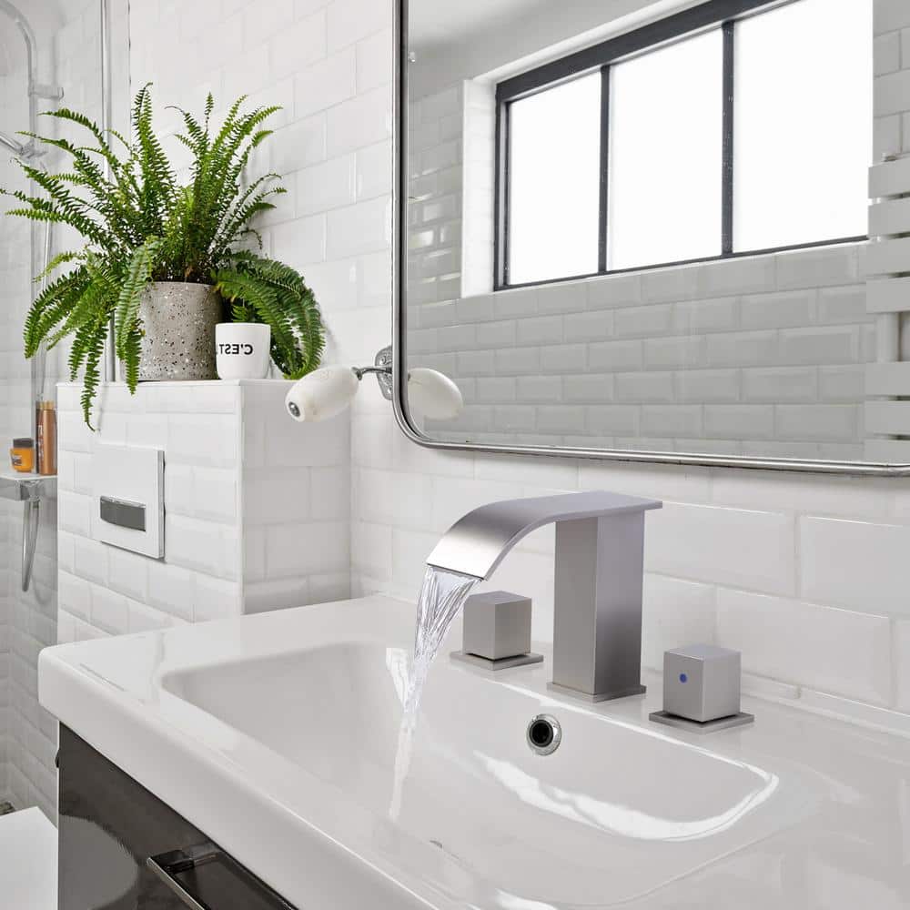 Brushed Nickel Modern Double Handle Waterfall Bathroom Faucet
