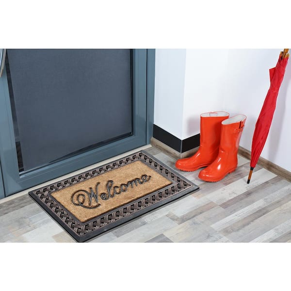 A1 Home Collections A1hc Welcome Floral Border Black 23 in x 38 in Rubber and Coir Dirt Trapper Large Doormat