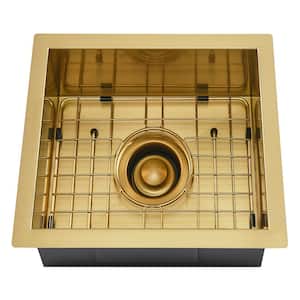 Sabrina 15 in. Undermount Single Bowl 16-Gauge Gold Stainless Steel Kitchen Sink with Gold Wire Grid and Strainer