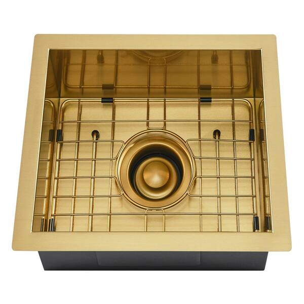 Barclay Products Sabrina 15 in. Undermount Single Bowl 16-Gauge Gold Stainless Steel Kitchen Sink with Gold Wire Grid and Strainer