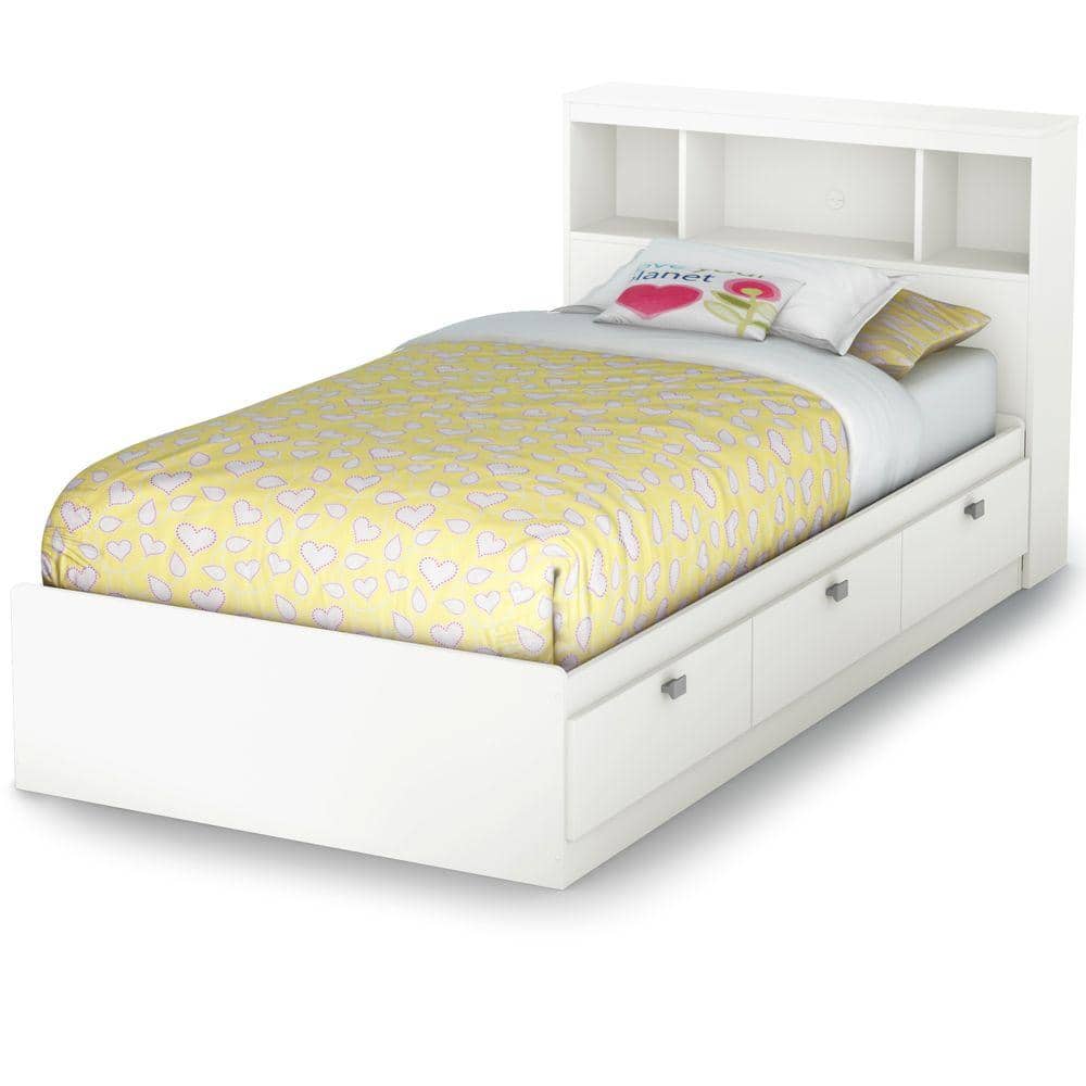 Twin White Wood Bookcase Headboard with Storage