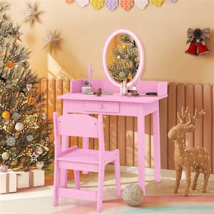 2-Piece Rectangle Wood Top Pink Kids Vanity Set with Lighted Mirror