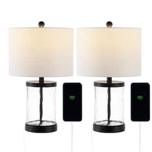 Alexander 21 in. Black/Clear Iron/Water Glass LED Table Lamp Set with White Linen Shade and USB Charging Port (Set of 2)