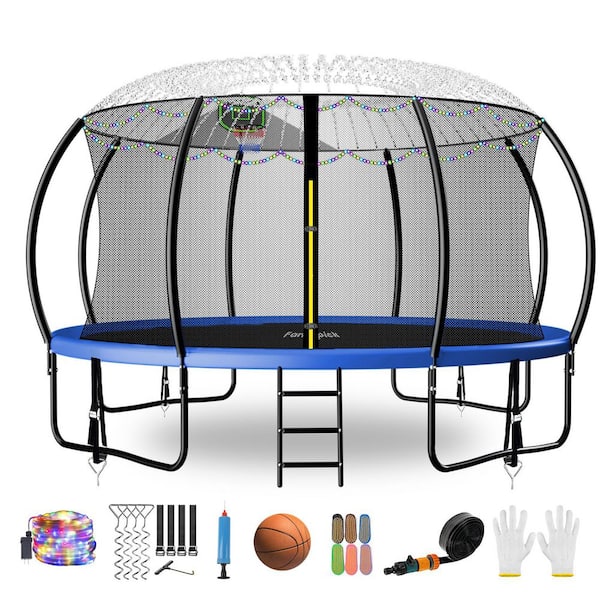 10ft. Outdoor Recreational Trampoline With Basketball Hoop, Safety Enclosure, Sprinkler, Lights, Socks and Wind Stakes