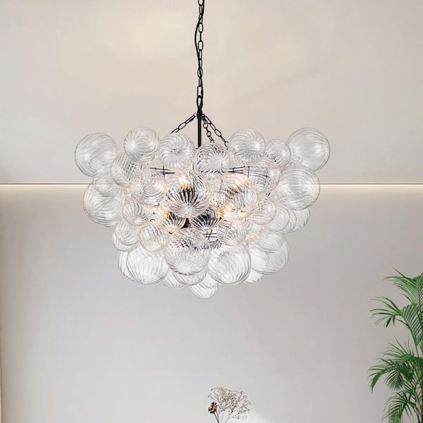 Neuvy 8-Light 33 in. W Black Chandelier with Swirled-Glass Orb Cluster Bubble Ribbed Glass Chandelier for Living Room