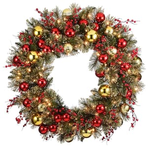 30 in. Artificial Christmas Dakota Pine Wreath with 100 Warm White Battery Operated LED Lights with Timer