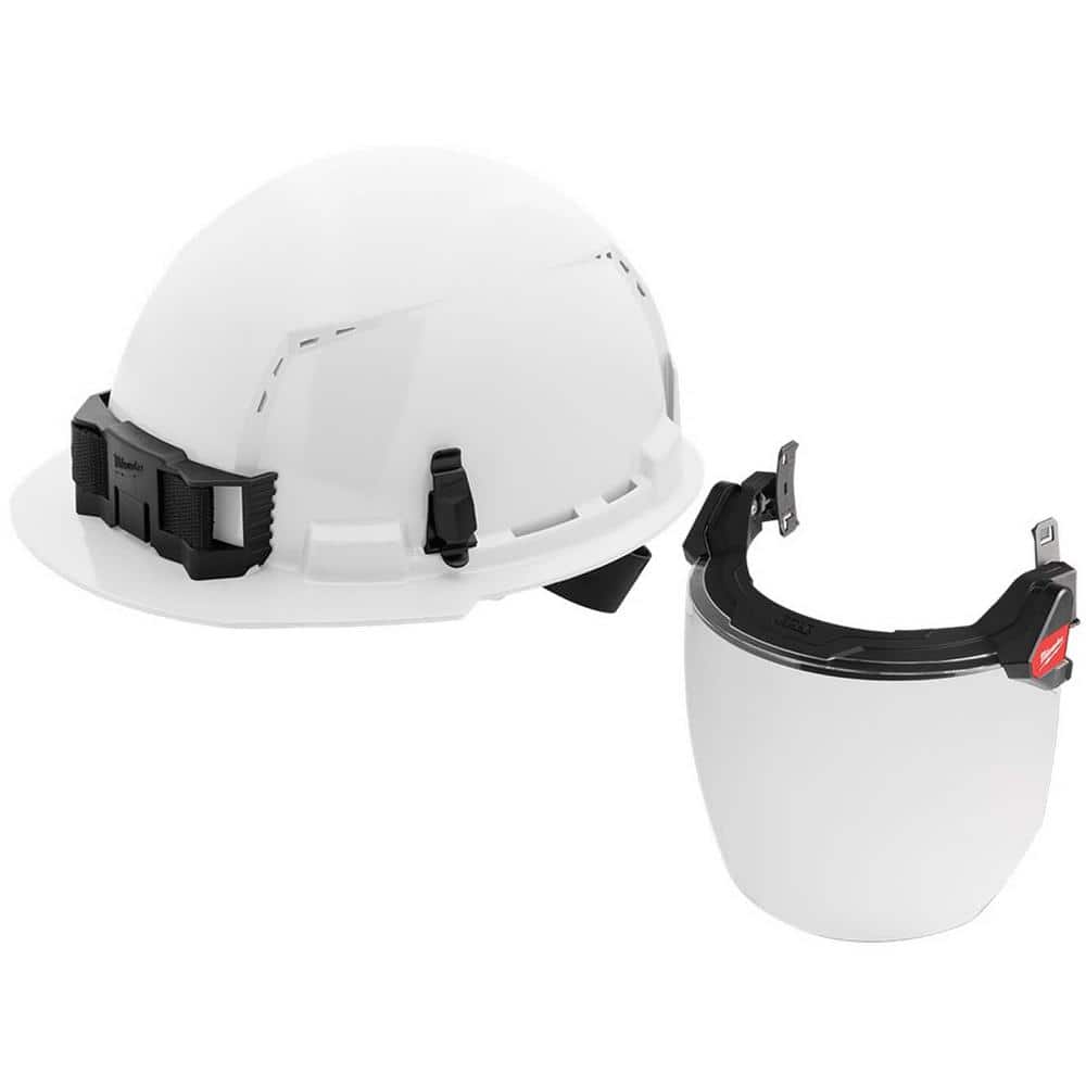 Milwaukee BOLT White Type Class C Front Brim Vented Hard Hat with Point  Ratcheting Suspension, Dual Coat Lens Full Face Shield  48-73-1200-48-73-1420 The Home Depot