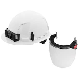 BOLT White Type 1 Class C Front Brim Vented Hard Hat with 4 Point Ratcheting Suspension, Dual Coat Lens Full Face Shield