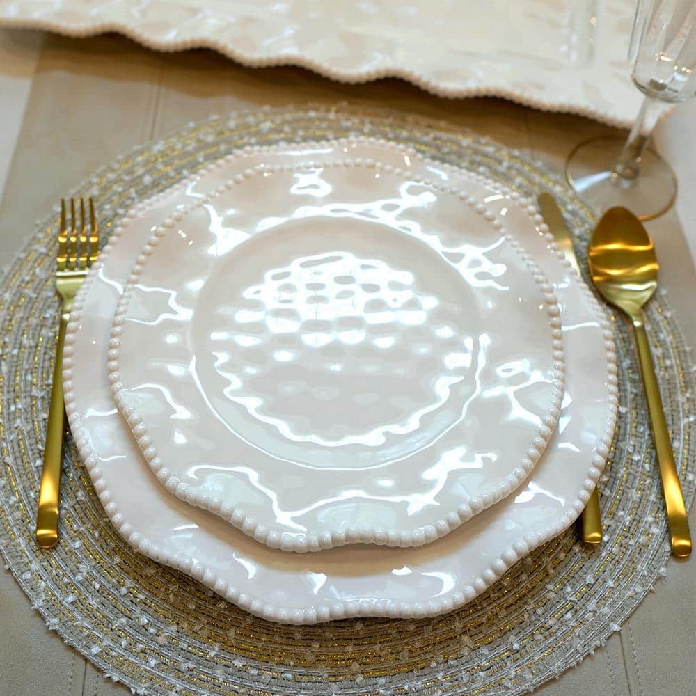 White Melamine 12-Piece Dinnerware Set with Beaded Ruffled Rims