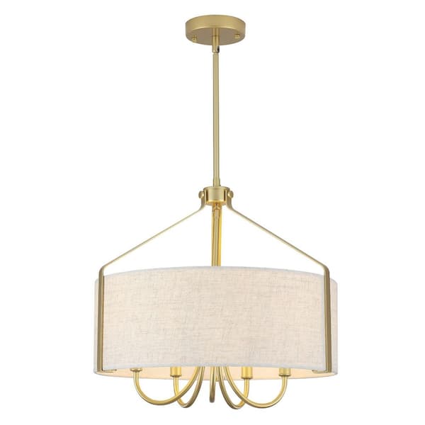 5-Light Gold Candlestick Hanging Linear Chandelier Lighting Fixture with Cloth Shade for Kitchen Island