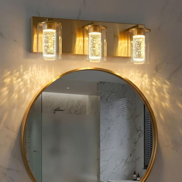 17 in. Modern 3-Light Integrated Gold Crystal LED Vanity Light for Bathroom, Dimmable with Adjustable White