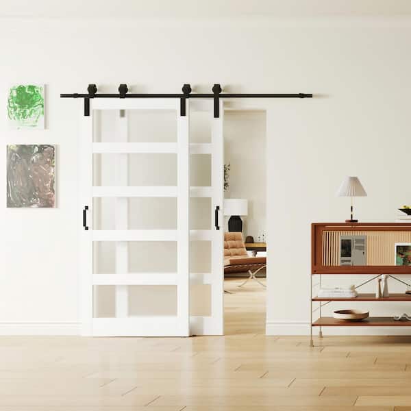 84 in. x 84 in. Double 42 in. Doors Frosted Glass, White, MDF Double 5-Lite PVC Covering Sliding Barn Door Hardware Kit