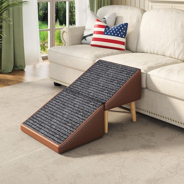 3-in-1 Foldable Pet Ramp Brown Faux Leather Upholstered Square Storage Ottoman