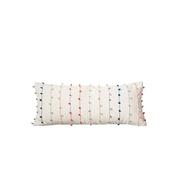 Storied Home White Cotton Pillow with Multicolor Embroidered Loop Stripes