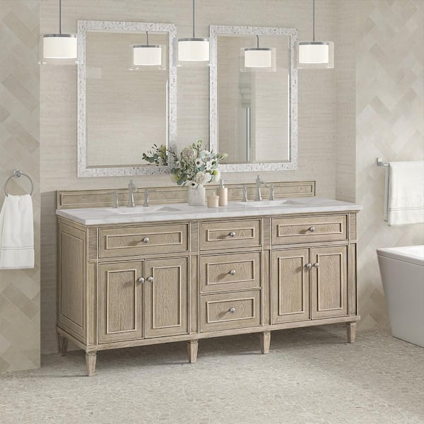 James Martin Vanities Lorelai 72.0 in. W x 23.5 in. D x 34.06 in. H Double Bath Vanity in Whitewashed Oak with Victorian Silver Quartz Top