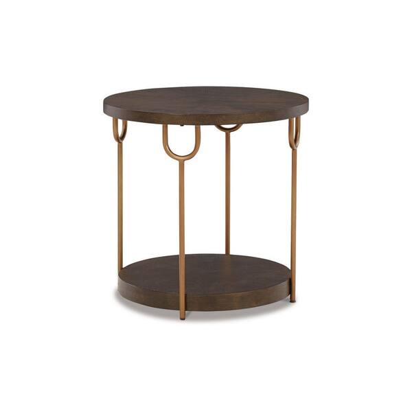 Benjara 24 in. Brown and Gold Round Wood end table with Metal Legs