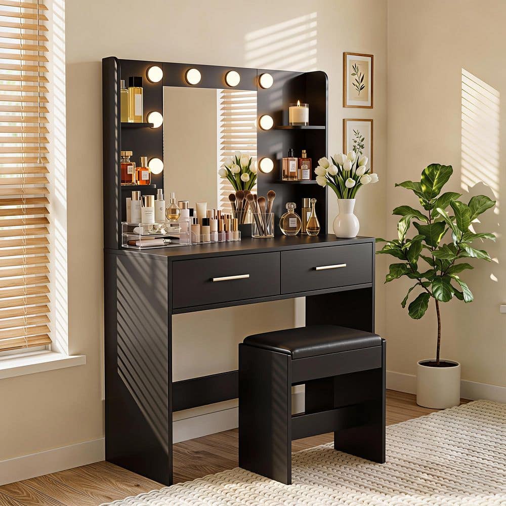 Makeup Vanity Sets with Mirror and Power Outlet, Dressing Table Sets with 2-Drawers, 4-Storage Shelves and Bench, White - thumbnail 8