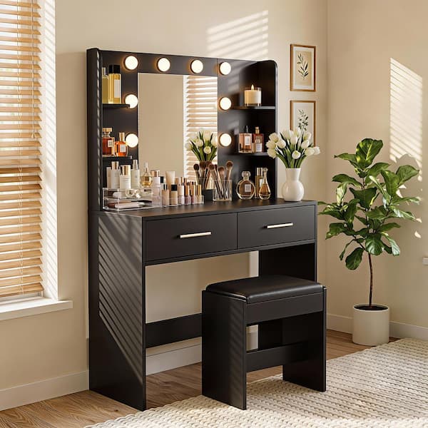 Makeup Vanity Sets with Mirror and Power Outlet, Dressing Table Sets with 2-Drawers, 4-Storage Shelves and Bench, Black