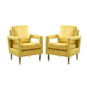 Anika Modern Yellow Comfy Velvet Arm Chair with Stainless Steel Legs and Square Open-framed Arm (Set of 2)