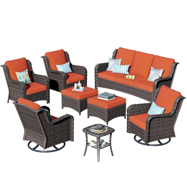 Oreille Brown 8-Piece Wicker Outdoor Patio Conversation Sofa Set with Swivel Rocking Chairs and Orange Red Cushions