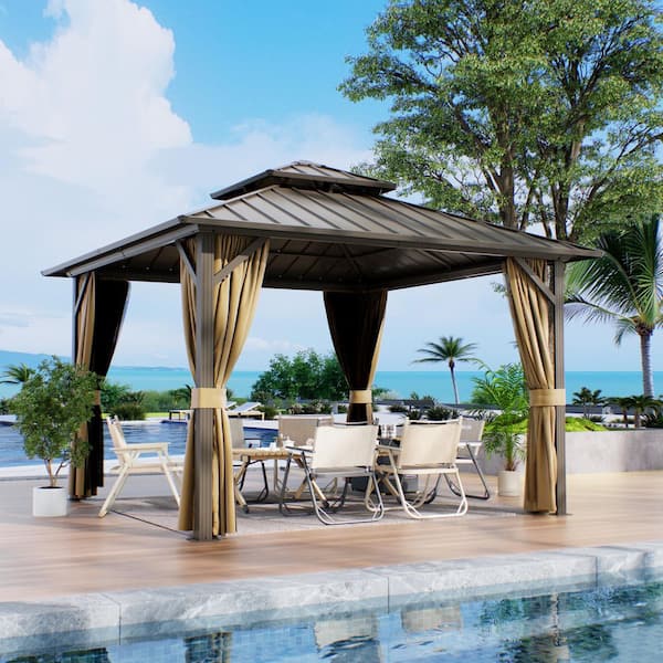 12 ft. x 12 ft. Aluminum Hardtop Outdoor Gazebo with Double Galvanized Steel Roof,Included Mosquito Netting and Curtains