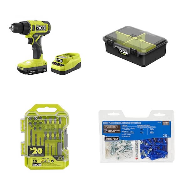 Ryobi ONE 18V Cordless 1/2 in. Drill Driver Kit with 20-Piece Drive Kit, Anchor Pack and LINK Organizer 223-Piece