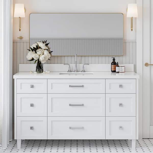 ARIEL Monroe 61 in. W x 22 in. D x 36 in. H Single Sink Bath Vanity in White with Pure White Quartz Top