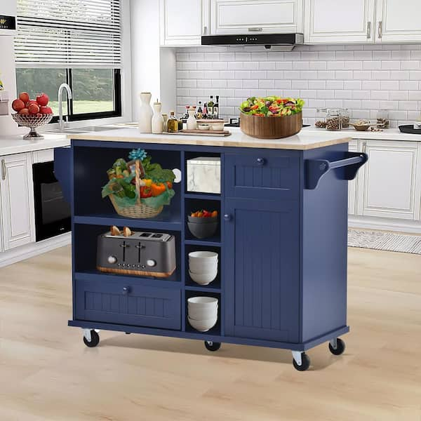 Qsun Kitchen Island Cart on Wheels with Drawer, Storage Cabinet, Shelf and Side Hook, Rolling Kitchen Cart with Rubber Wood Countertop, Microwaves