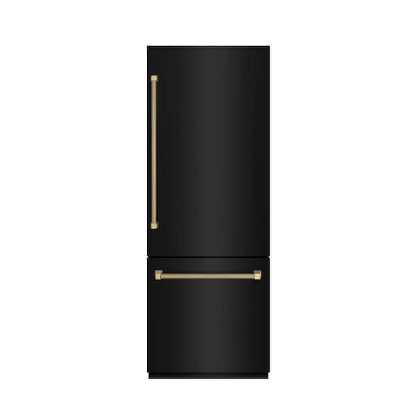 Autograph 30 in. Black Steel Built-In Bottom Freezer Refrigerator with Gray Interior and Champagne Bronze Helix Handles