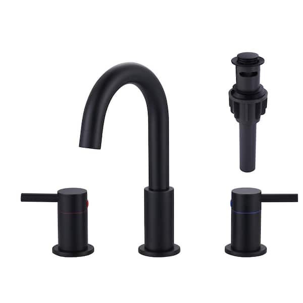 IVIGA 8 in. Widespread Double Handle Bathroom Faucet with Swivel Spout, Pop-Up Drain and Supply Lines in Matte Black