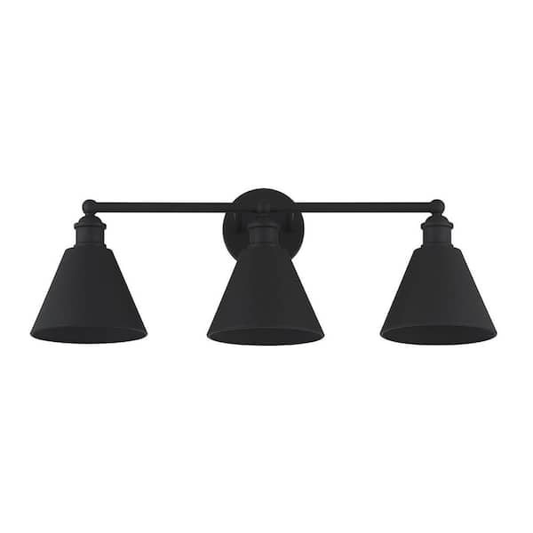 TUXEDO PARK LIGHTING 27 in. W x 10 in. H 3-Light Matte Black Bathroom Vanity Light with Metal Shades