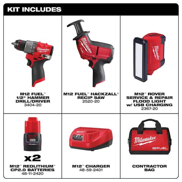 M12 FUEL 12-Volt Li-Ion Brushless Cordless Hammer Drill Combo Kit, Reciprocating Saw, Flood Light w/2 Batteries (3-Tool)