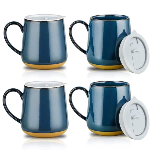 Farmhouse Style 17 oz Blue Ceramic Coffee Mug Set with Lid Splash Proof Large Handle Set of 4