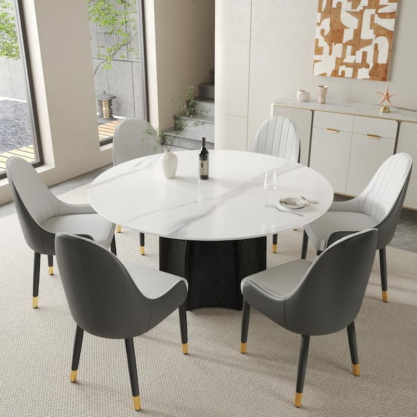J&E Home White Marble Top 59.05 in. Pedestal Round Dining Table (Seats 8)