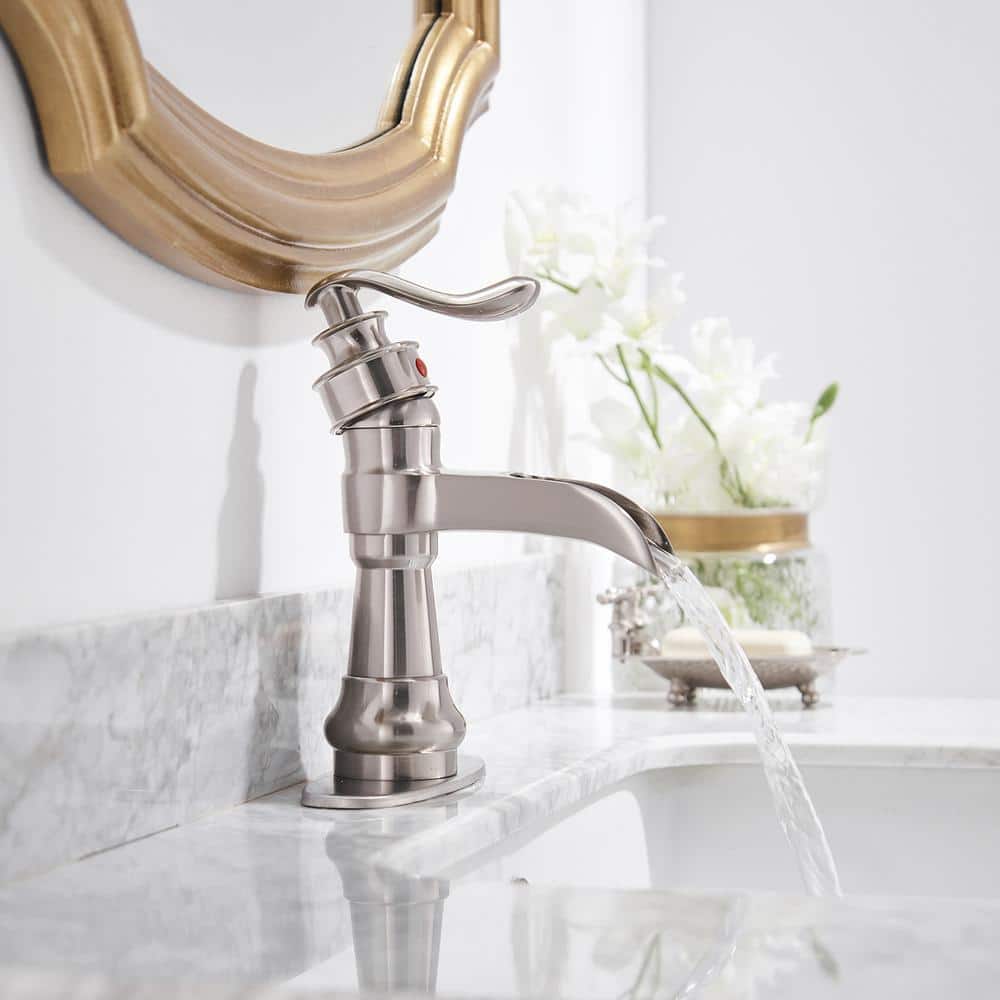 Brushed Nickel Waterfall Single Handle Bathroom Faucet with Pop-Up Drain