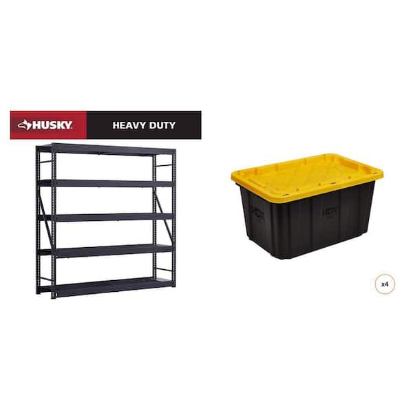 90 in. x 90 in. x 24 in. Black Metal 5-Shelf Unit and 27 Gal. Black and Yellow Storage Tote (4-Count) Combo
