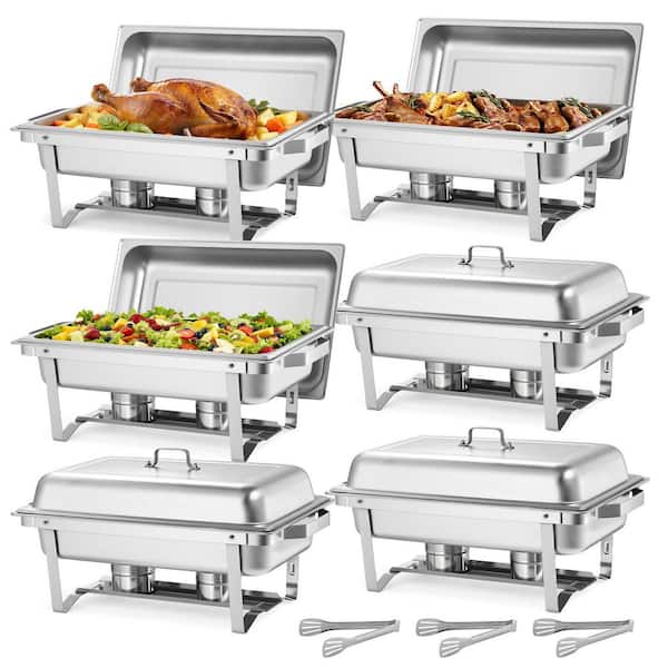 9 Qt. Rectangle Chafing Dish 6-Pack, Stainless Steel Hollow Handle, 3 Tongs, Lid, Fuel Holder for Banquet Party Wedding