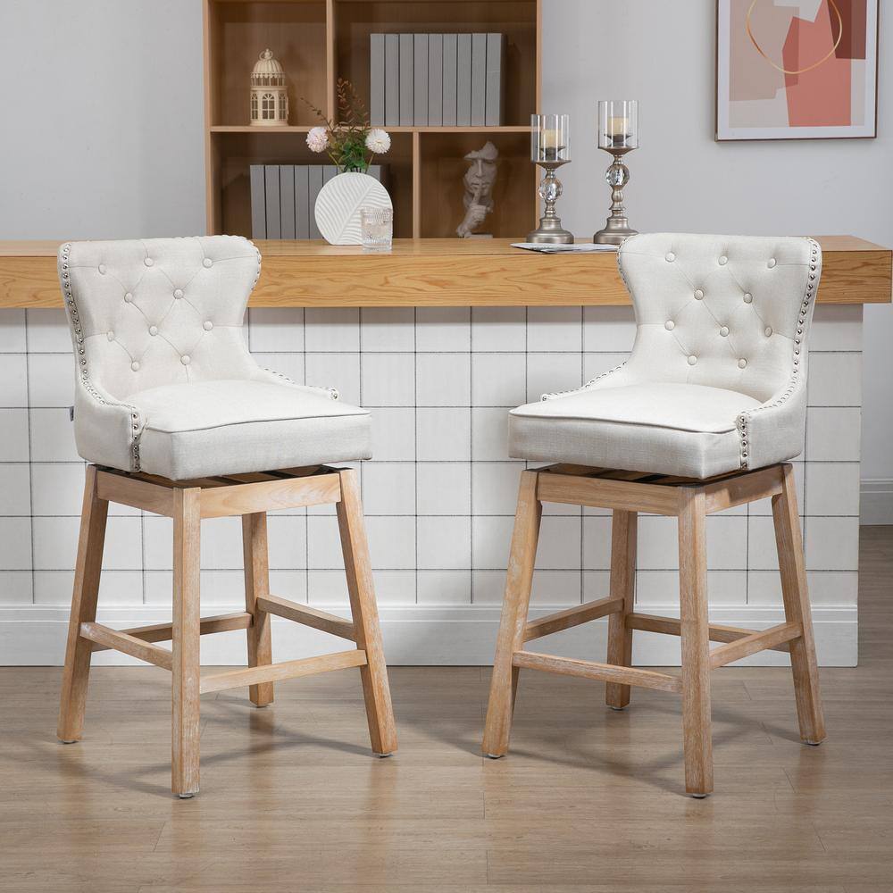 Cream Upholstered Swivel Bar Stools with Wood Legs, Set of 2