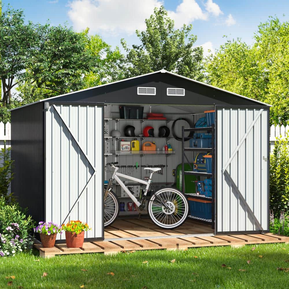 8' x 10' Black Metal Garden Storage Shed with Double Doors