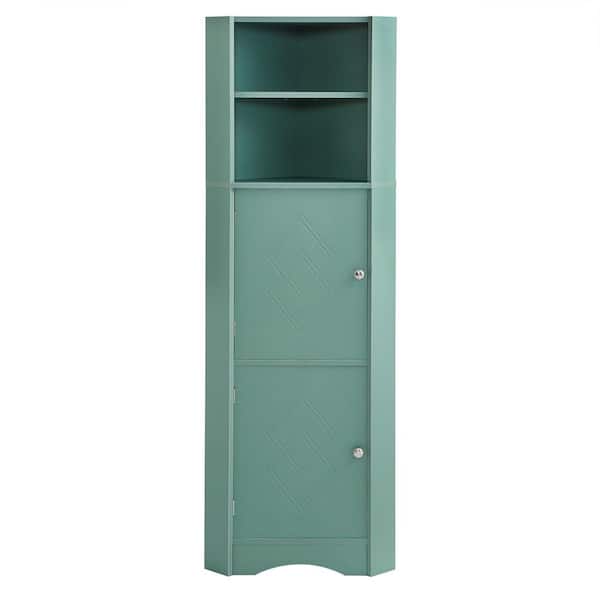 15 in W x 15 in D x 61 in H in Green Wood Ready to Assemble Freestanding Bathroom Corner Cabinet with Doors and Shelves