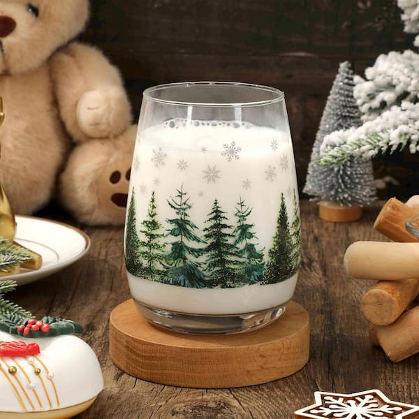 Wudkey 17 oz. Christmas Stemless Wine Glasses Christmas Tree Snowflake Drinking Glasses Watercolor Holiday Tumbler Cups