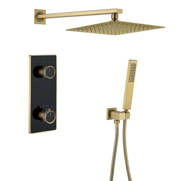AIMADI Temperature Display Double Handle 1-Spray Thermostatic Wall Mount Shower Faucet 1.6 GPM with Anti Scald in. Brushed Gold