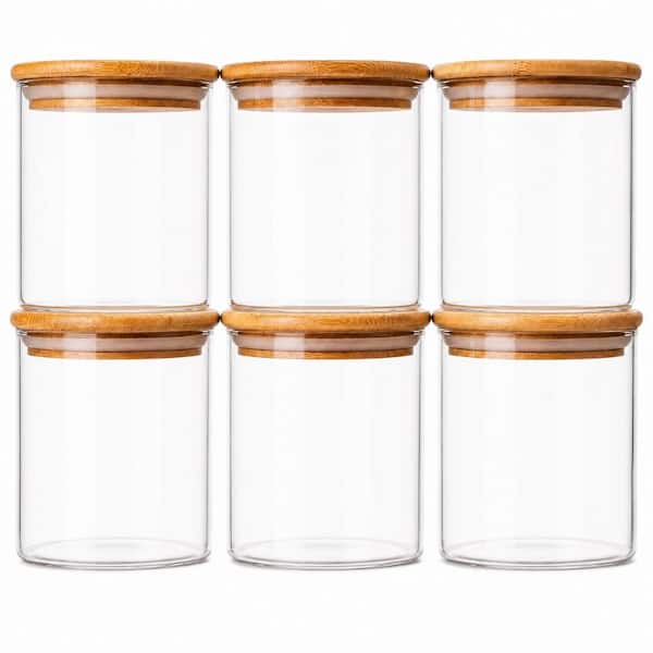 6-Piece 20 oz Clear Glass Round Decorative Canister Set with Bamboo Lids, 3.9 in. x 3.9 in. x 4