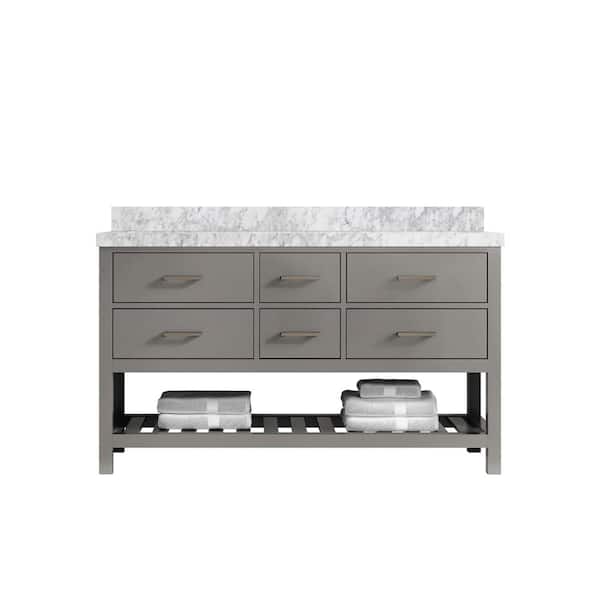 Willow Collections Parker 60 in. W x 22 in. D x 36 in. H Double Sink Bath Vanity in Elephant Gray with 2 in. Carrara Marble Top