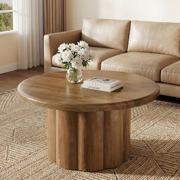 Allan Farmhouse 31.5 in. Brown Round Wood Coffee Table with Fluted Drum Base and Rounded Tabletop for Small Spaces