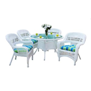 Portside 5-Piece White Wicker Outdoor Dining Set with Eastbay Pompeii Cushions (Wicker Chair and Dining Table Bundle)