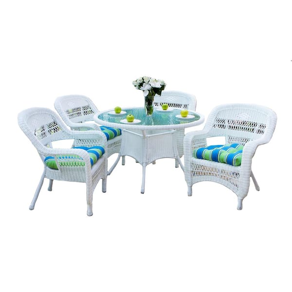 Tortuga Outdoor Portside 5-Piece White Wicker Outdoor Dining Set with Eastbay Pompeii Cushions (Wicker Chair and Dining Table Bundle)