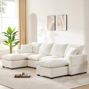 110 in. Straight Arm Chenille U-Shape Sectional Sofa in White with 2 Pillows, 2 Ottomans, Freely Combinable Seats